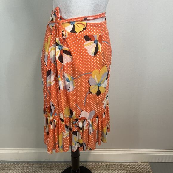 CABI Skirt size Extra Small Orange Yellow Floral Knee Wrap Ruffle Wedding Cruise - Picture 8 of 9
